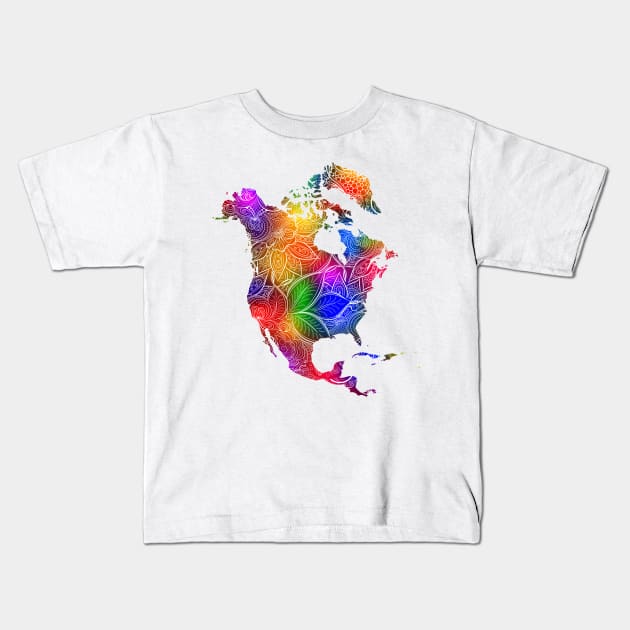 Colorful mandala art map of North America with text in multicolor pattern Kids T-Shirt by Happy Citizen